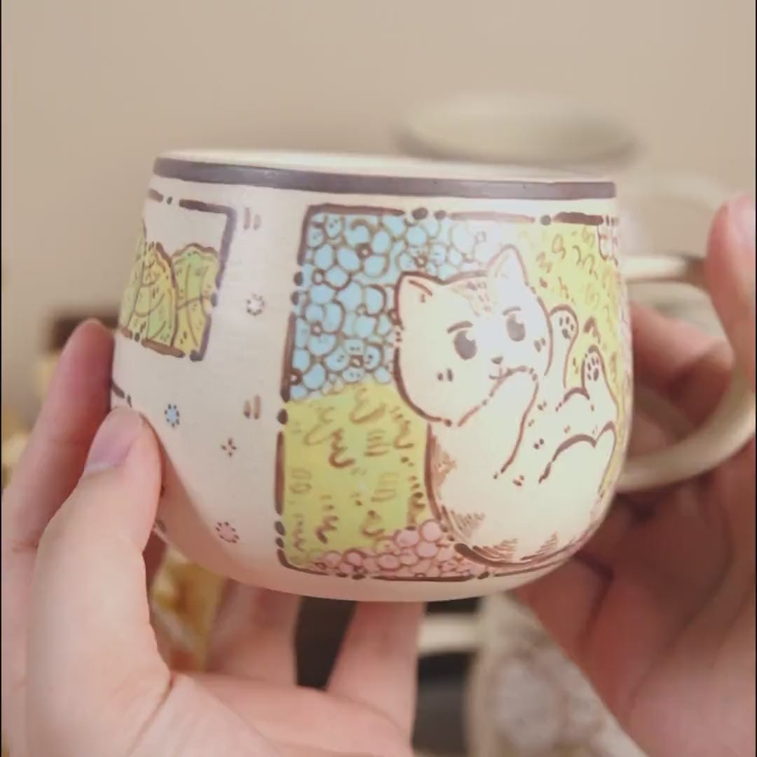 Funny Cat Coffee Mugs Handpainted Rustic Ceramic Playing Kitty Espresso Cups Watercolor Style Tiny Cat Water Cups Wildflower Cappuccino Mugs